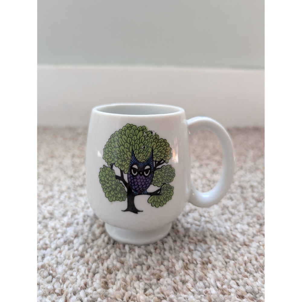 Vintage Owl Coffee Mug White 70s Retro Kitsch Footed Ceramic Cup Cottagecore